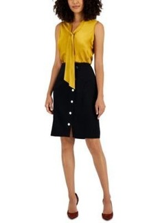 Kasper Womens Sleeveless Matte Satin Tie Neck Blouse Faux Snap Front Pencil Skirt