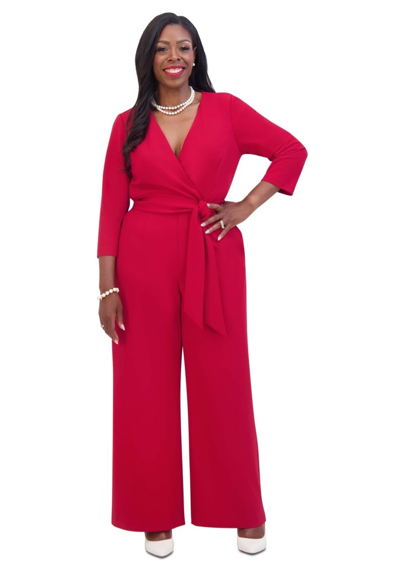 Kasper Women's Tie-Waist 3/4-Sleeve Wide-Leg Jumpsuit - Crimson