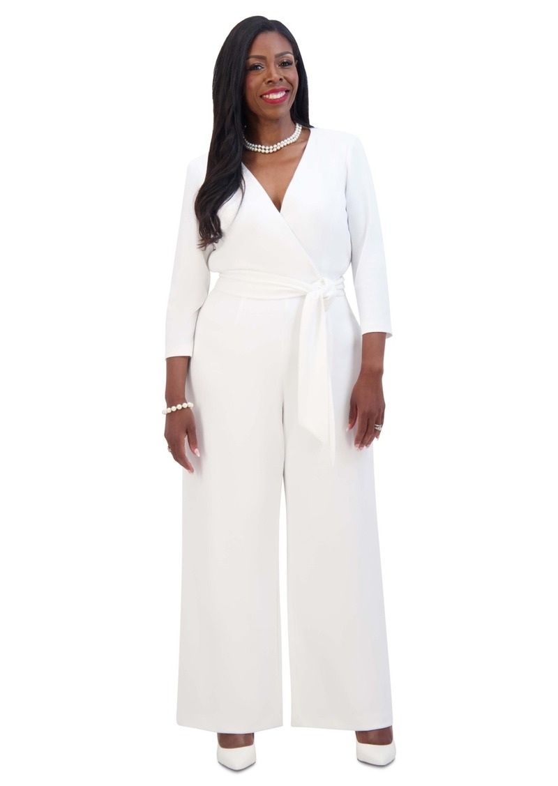 Kasper Women's Tie-Waist 3/4-Sleeve Wide-Leg Jumpsuit - White