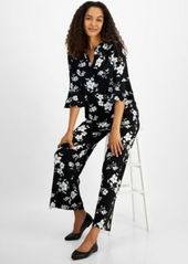 Kasper Womens V Neck Floral Flutter Sleeve Top Pull On Ankle Pants