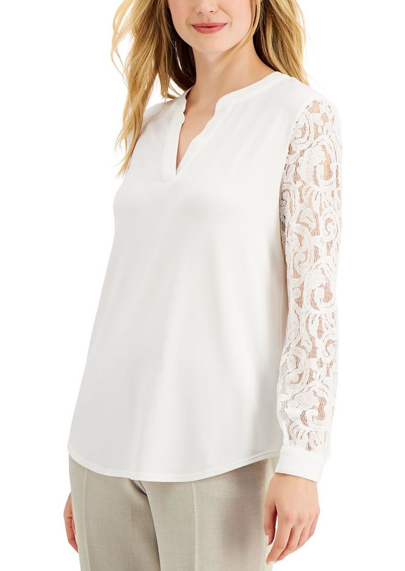 Kasper Womens V-Neck Lace Sleeve Blouse