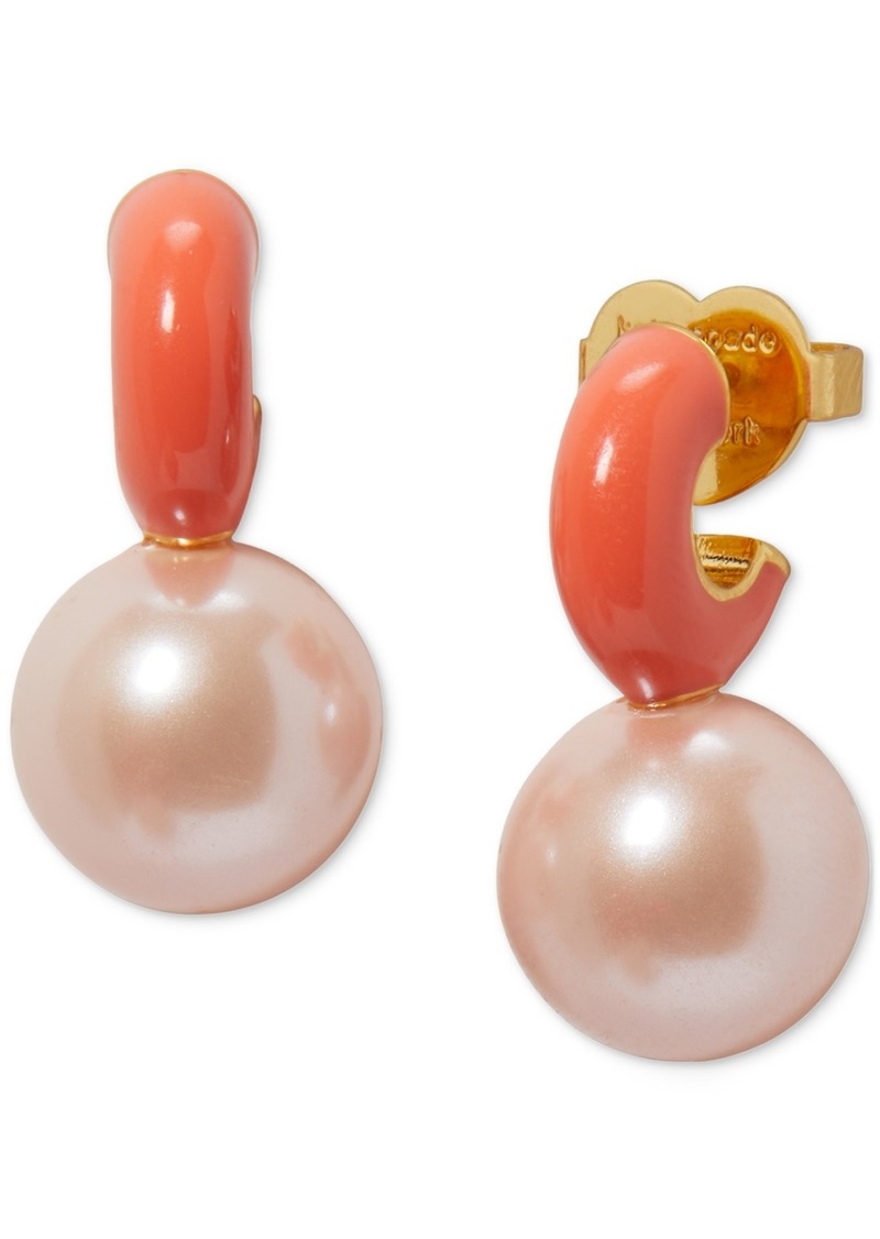 Kate Spade New York Gold-Tone Imitation Pearl Charm Pave Huggie Hoop Earrings - Coral