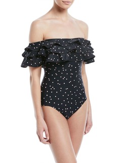 Kate Spade polka-dot ruffled off-the-shoulder one-piece swimsuit
