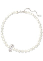 "Kate Spade New York Silver-Tone Cubic Zirconia Bow Imitation Pearl Strand Necklace, 17"" + 3"" extender - Clear/silv"