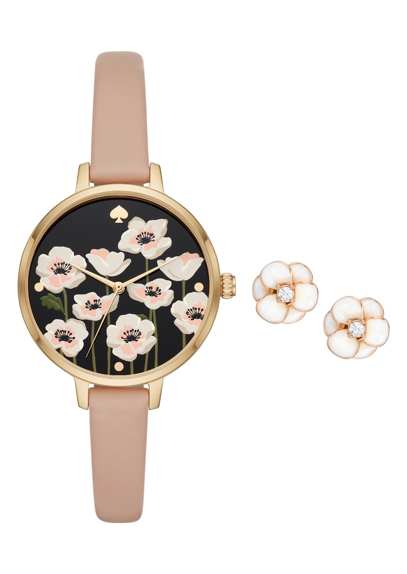 Kate Spade New York three-hand quartz leather strap watch & earrings set in Gold at Nordstrom Rack