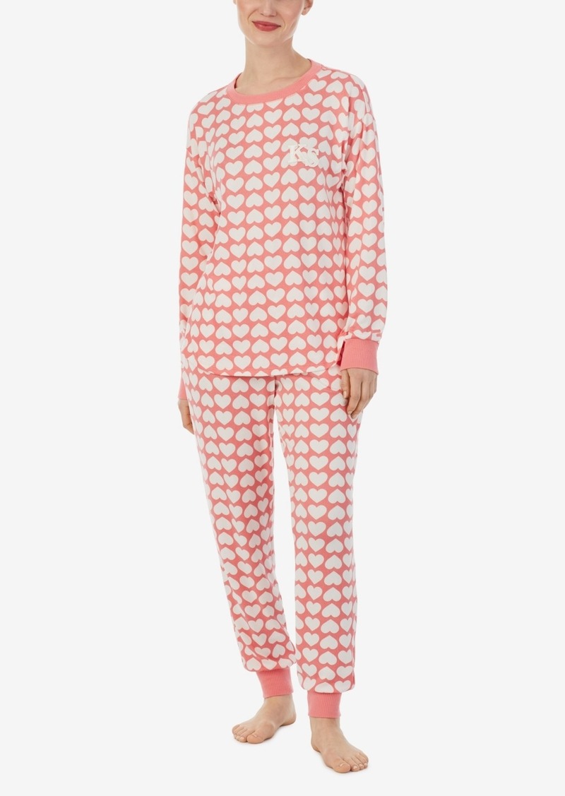 kate spade new york Women's Soft Knit Long Sleeve 2 Piece Pajama Set - Pink Heart Novelty