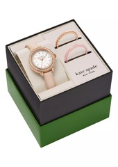 Kate Spade Rose-Goldtone Stainless Steel, Crystal & Leather Watch & Case Set