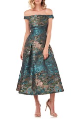 Kay Unger New York Kay Unger Carina Metallic Jacquard Off the Shoulder Cocktail Dress in Teal Multi at Nordstrom