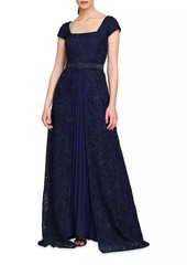 Kay Unger New York Claudia Lace-Chiffon Pleated Gown