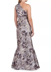 Kay Unger New York Gianella Metallic Floral Jacquard One-Shoulder Gown