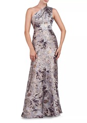 Kay Unger New York Gianella Metallic Floral Jacquard One-Shoulder Gown