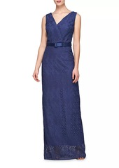 Kay Unger New York Hendrix Belted Lace Column Gown
