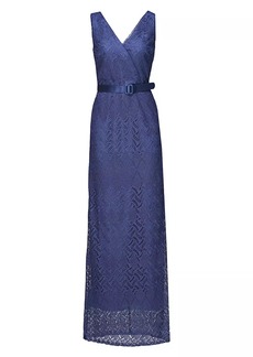 Kay Unger New York Hendrix Belted Lace Column Gown