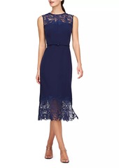 Kay Unger New York Jamie Lace-Trimmed Stretch Crepe Belted Midi-Dress