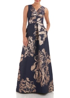 Kay Unger New York Kay Unger Alaina Shimmer Floral Gown in Deep Navy/Bronze at Nordstrom