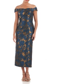 Kay Unger New York Kay Unger Alessia Off the Shoulder Jacquard Midi Dress in Sapphire/Gold at Nordstrom Rack