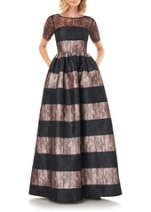 Kay Unger New York Kay Unger Alexis Stripe Floral Lace Ballgown in Champagne/Black at Nordstrom