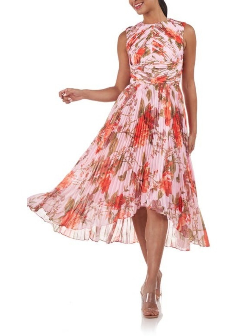 Kay Unger New York Kay Unger Bea Floral Print Pleated Midi Dress