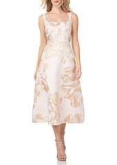 Kay Unger New York Kay Unger Floral Metallic Jacquard Midi Cocktail Dress in Champagne at Nordstrom