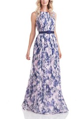 Kay Unger New York Kay Unger Luisa Floral Pleated A-Line Gown in Blue Lavender at Nordstrom