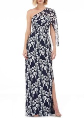 Kay Unger New York Kay Unger One-Shoulder Capelet Gown in Navy Multi at Nordstrom