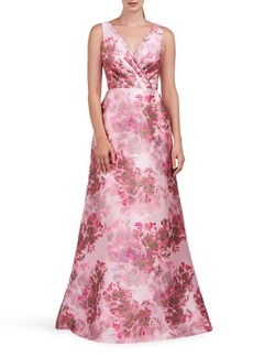 Kay Unger New York Kay Unger Opal Floral Pleated Surplice V-Neck Satin Gown