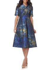 Kay Unger New York Kay Unger Tinsley Jacquard Midi Cocktail Dress in Sapphire/Chartreuse at Nordstrom