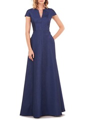 Kay Unger New York Kay Unger Valentina Metallic Shantung Jacquard Cap Sleeve A-Line Gown in Navy at Nordstrom