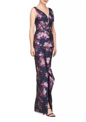 Kay Unger New York Kennedy Floral Jacquard Draped Gown