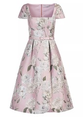 Kay Unger New York Mira Floral Jacquard Belted Midi-Dress