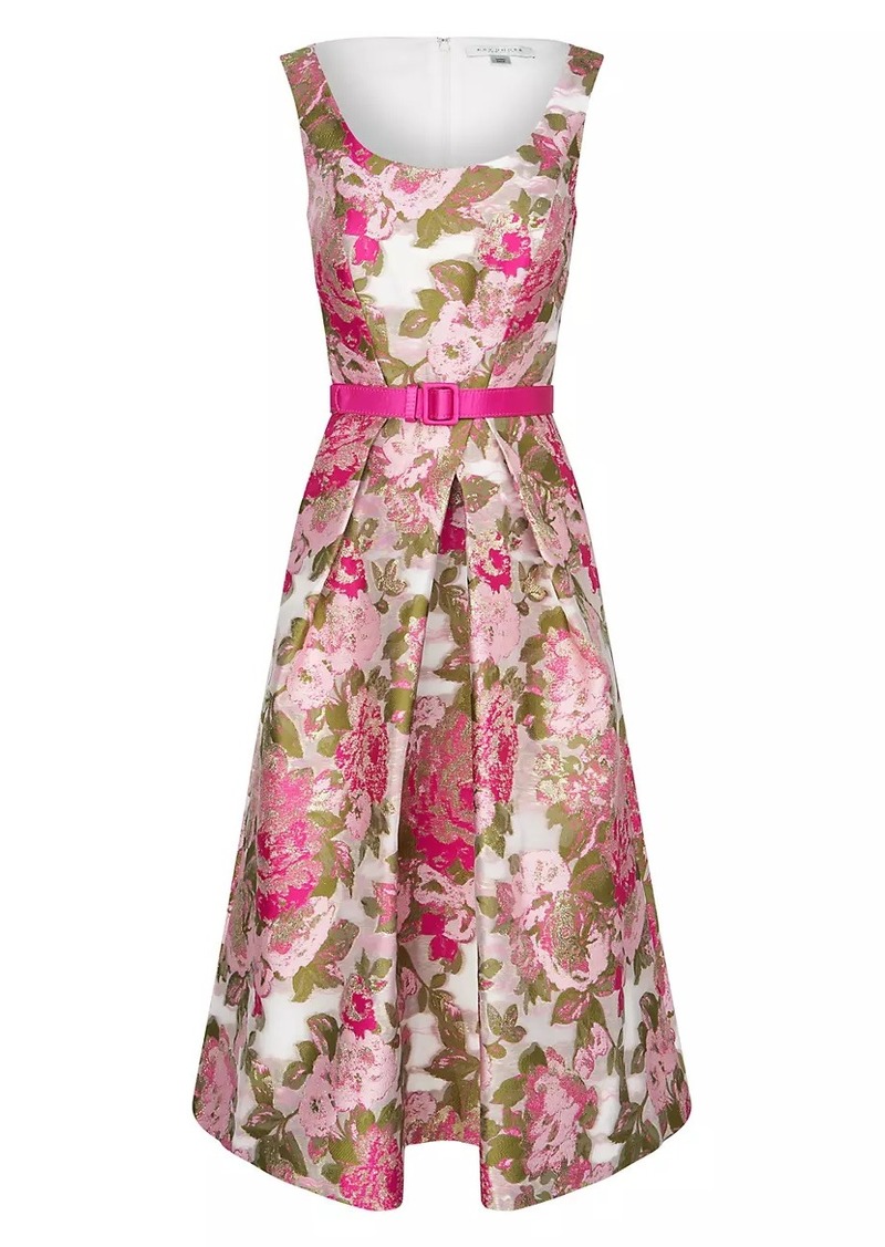 Kay Unger New York Miriam Floral Jacquard Belted Midi-Dress