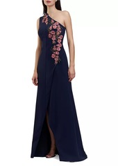 Kay Unger New York Nadine Embroidered Crepe One-Shoulder Gown