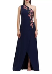 Kay Unger New York Nadine Embroidered Crepe One-Shoulder Gown