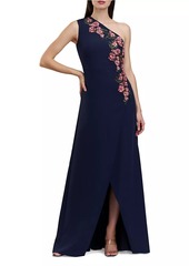 Kay Unger New York Nadine Embroidered Crepe One-Shoulder Gown