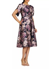 Kay Unger New York Natasha Floral Metallic Jacquard Short-Sleeve Midi-Dress