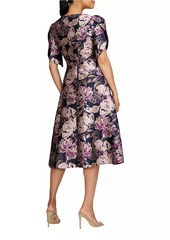 Kay Unger New York Natasha Floral Metallic Jacquard Short-Sleeve Midi-Dress