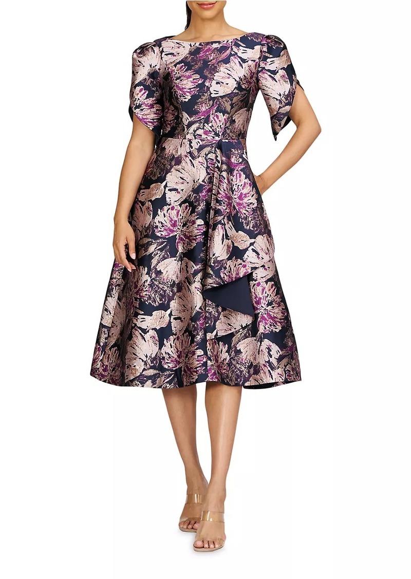 Kay Unger New York Natasha Floral Metallic Jacquard Short-Sleeve Midi-Dress