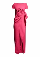 Kay Unger New York Pleated Short-Sleeve Crepe Gown w/ Drape