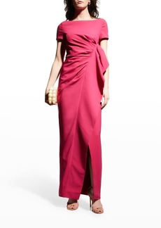 Kay Unger New York Pleated Short-Sleeve Crepe Gown w/ Drape