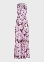 Kay Unger New York Sleeveless Pleated Floral-Print Chiffon Gown