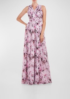 Kay Unger New York Sleeveless Pleated Floral-Print Chiffon Gown