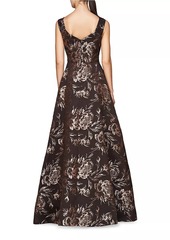 Kay Unger New York Theodora Floral Metallic Jacquard Sleeveless Gown