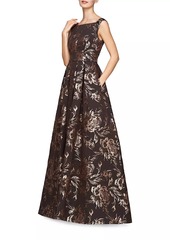 Kay Unger New York Theodora Floral Metallic Jacquard Sleeveless Gown