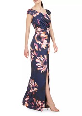 Kay Unger New York Wafa Floral Charmeuse Column Gown