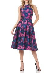 Kay Unger New York Kay Unger Floral Jacquard Midi Dress in Midnight/Fuchsia at Nordstrom