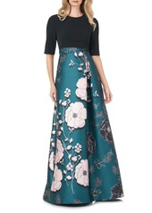 Kay Unger New York Women's Kay Unger Floral Print Mikado A-Line Gown
