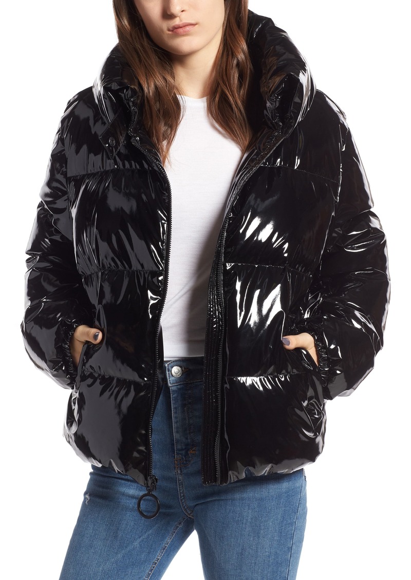 hooded vinyl puffer jacket