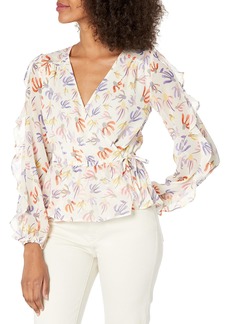 KENDALL + KYLIE Women's Ruffle Sleeve Front Wrap Blouse  L