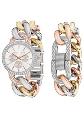 Women's Kendall + Kylie Large Open-Link Crystal Embellished Gold Tone, Silver Tone and Rose Gold Tone Stainless Steel Strap Analog Watch and Bracelet Set 40mm