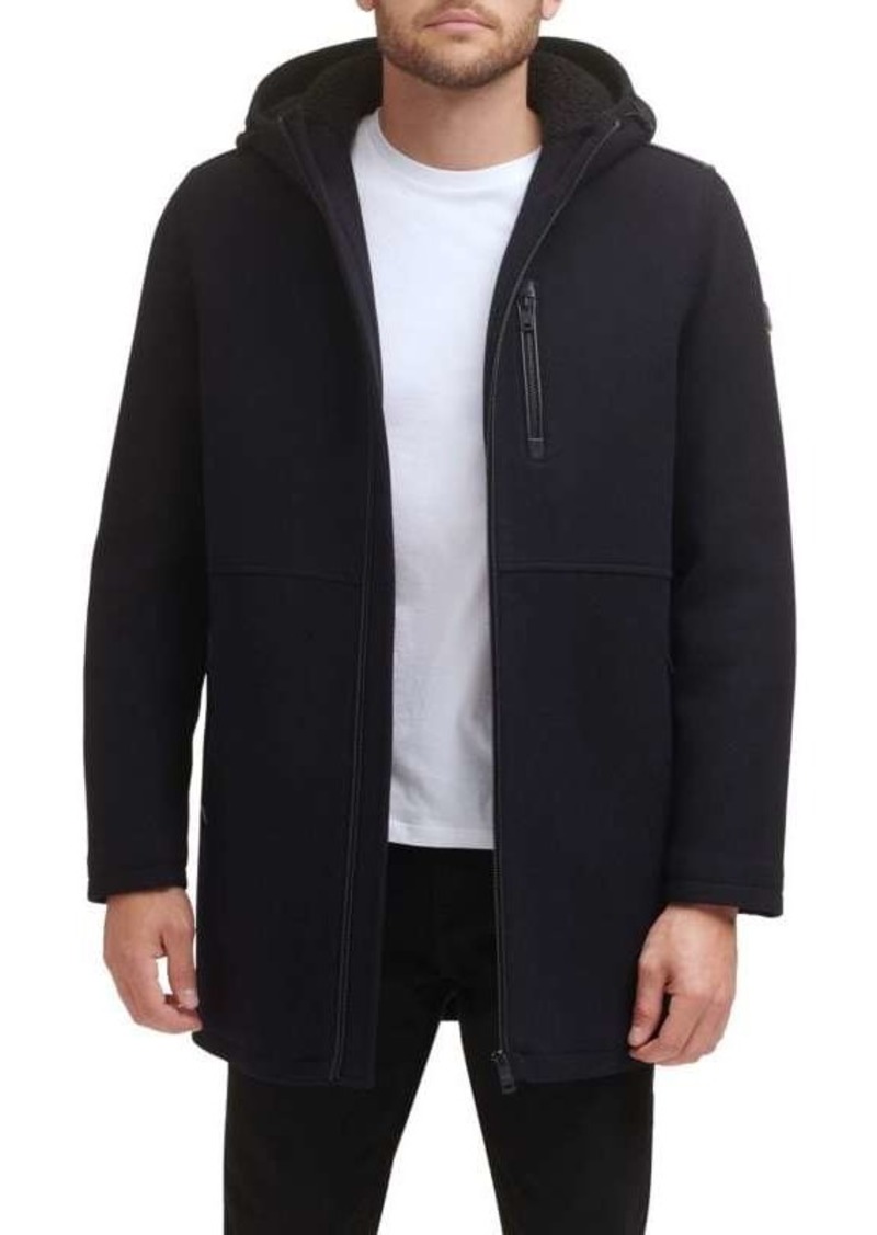 Kenneth Cole Faux Shearling Hooded Wool Blend Coat